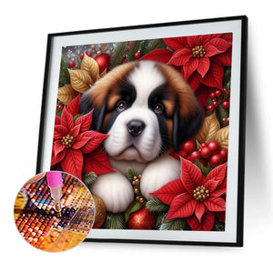 Christmas Poinsettia Dog 40*40CM Full AB Square Drill Diamond Painting Drill Diamond Painting