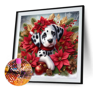 Christmas Poinsettia Dog 40*40CM Full AB Square Drill Diamond Painting Drill Diamond Painting