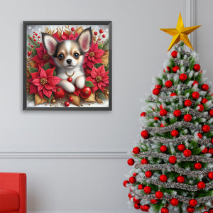 Christmas Poinsettia Dog 40*40CM Full AB Square Drill Diamond Painting Drill Diamond Painting