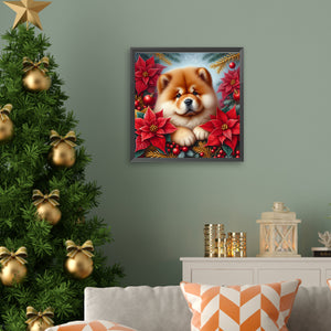 Christmas Poinsettia Dog 40*40CM Full AB Square Drill Diamond Painting Drill Diamond Painting