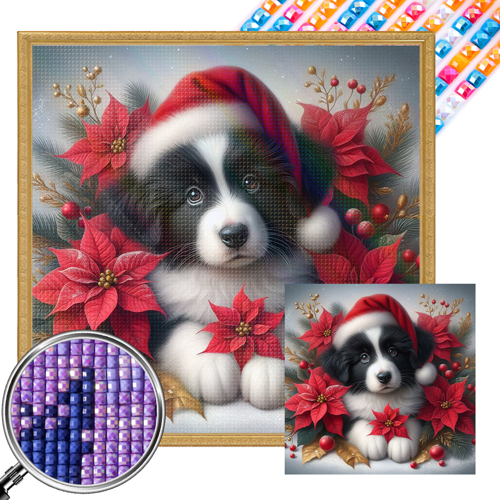 Christmas Poinsettia Dog 40*40CM Full AB Square Drill Diamond Painting Drill Diamond Painting