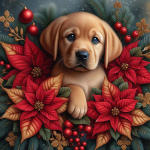 Christmas Poinsettia Dog 40*40CM Full AB Square Drill Diamond Painting Drill Diamond Painting