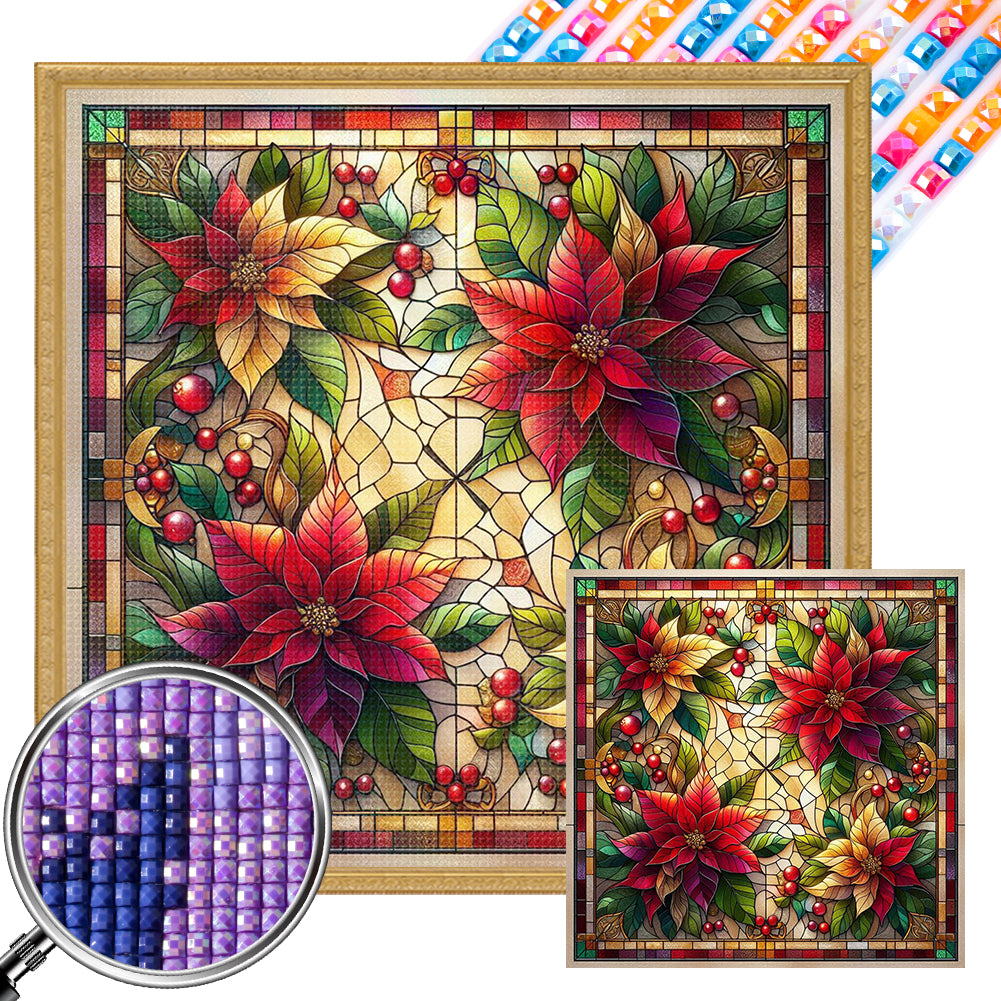 Glass Painting Poinsettia 40*40CM Full AB Square Drill Diamond Painting Drill Diamond Painting