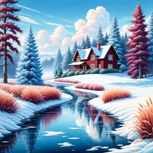 Load image into Gallery viewer, Small House In The Snow By The River 30*30CM Full Round Drill Diamond Painting Drill Diamond Painting
