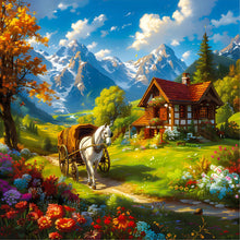 Load image into Gallery viewer, Snow Melting Mountain White Horse House Flowers 30*30CM Full Round Drill Diamond Painting Drill Diamond Painting
