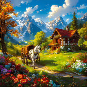 Snow Melting Mountain White Horse House Flowers 30*30CM Full Round Drill Diamond Painting Drill Diamond Painting