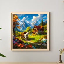 Load image into Gallery viewer, Snow Melting Mountain White Horse House Flowers 30*30CM Full Round Drill Diamond Painting Drill Diamond Painting
