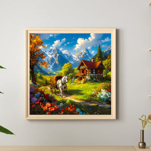 Snow Melting Mountain White Horse House Flowers 30*30CM Full Round Drill Diamond Painting Drill Diamond Painting