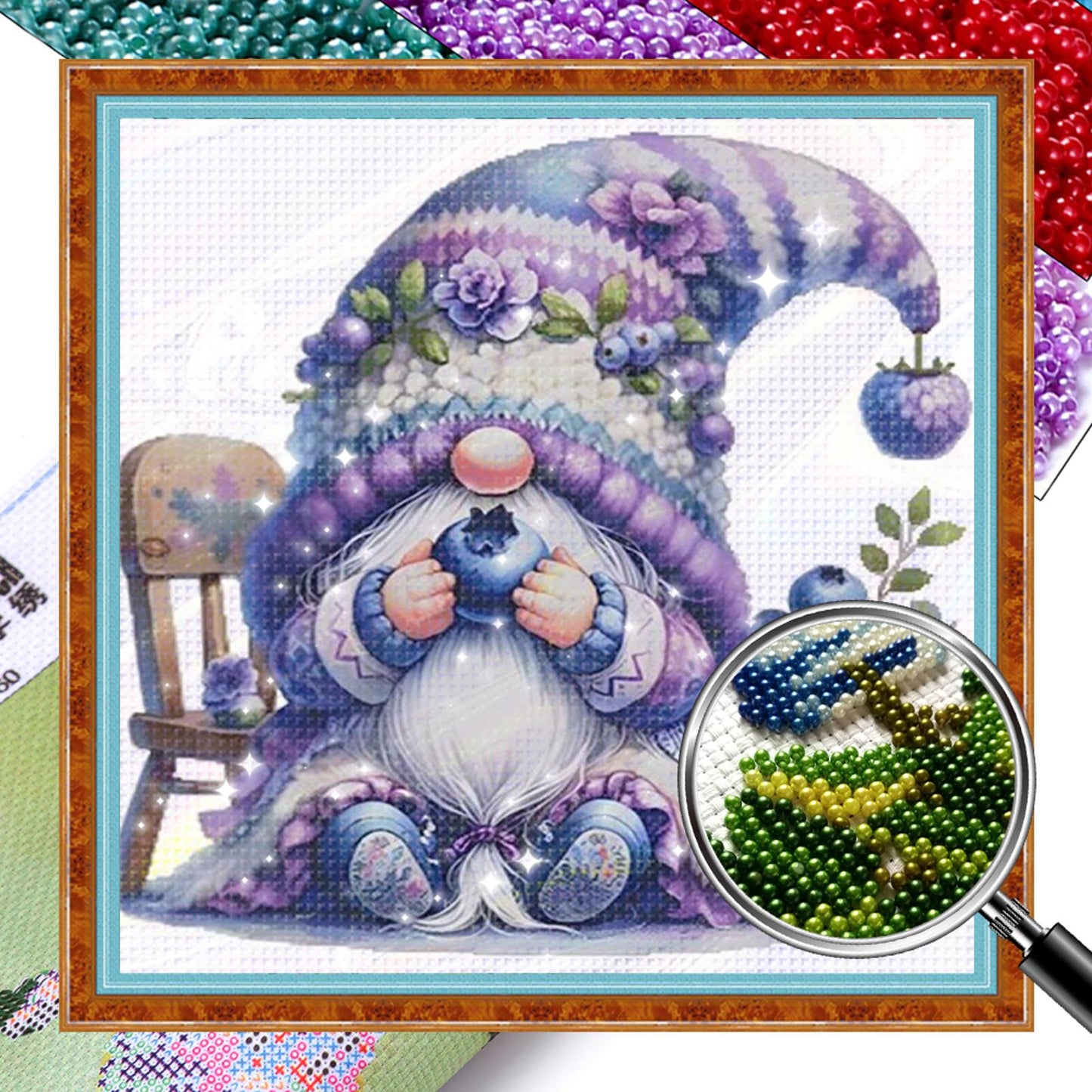 Blueberry Gnome - Partial  9CT Stamped Cross Stitch - Bead Embroidery 39x39CM/15.35x15.35in