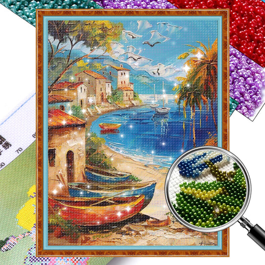 Boat by the Sea - Partial  9CT Stamped Cross Stitch - Bead Embroidery 30x40CM/11.81x15.75in