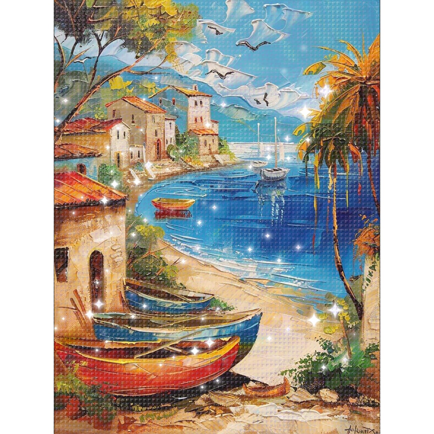 Boat by the Sea - Partial  9CT Stamped Cross Stitch - Bead Embroidery 30x40CM/11.81x15.75in