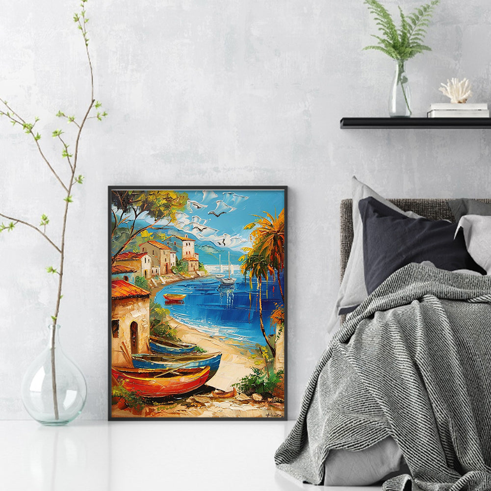 Boat by the Sea - Partial  9CT Stamped Cross Stitch - Bead Embroidery 30x40CM/11.81x15.75in