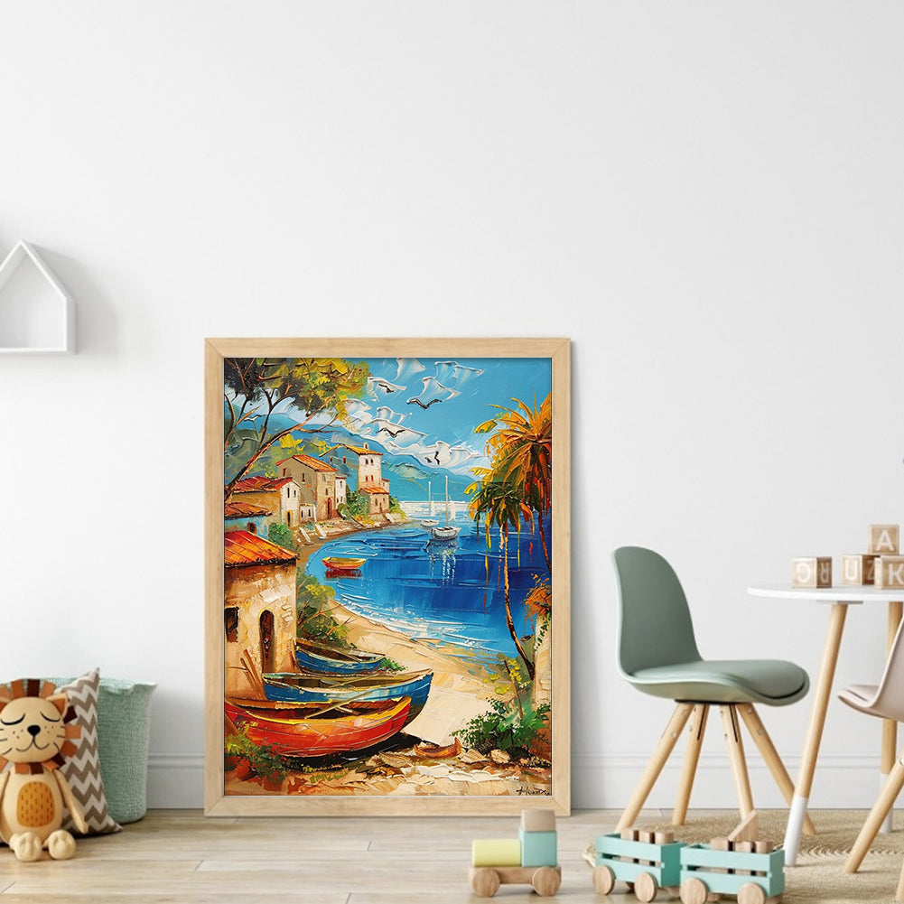 Boat by the Sea - Partial  9CT Stamped Cross Stitch - Bead Embroidery 30x40CM/11.81x15.75in