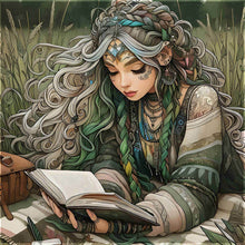 Load image into Gallery viewer, Curly-Haired Girl Reading A Book In The Grass 40*40CM Full Round Drill Diamond Painting Drill Diamond Painting
