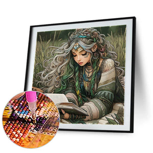 Curly-Haired Girl Reading A Book In The Grass 40*40CM Full Round Drill Diamond Painting Drill Diamond Painting