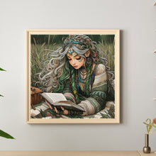 Load image into Gallery viewer, Curly-Haired Girl Reading A Book In The Grass 40*40CM Full Round Drill Diamond Painting Drill Diamond Painting
