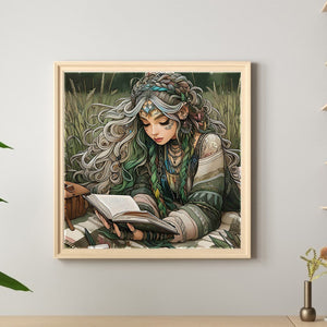 Curly-Haired Girl Reading A Book In The Grass 40*40CM Full Round Drill Diamond Painting Drill Diamond Painting