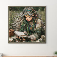 Load image into Gallery viewer, Curly-Haired Girl Reading A Book In The Grass 40*40CM Full Round Drill Diamond Painting Drill Diamond Painting
