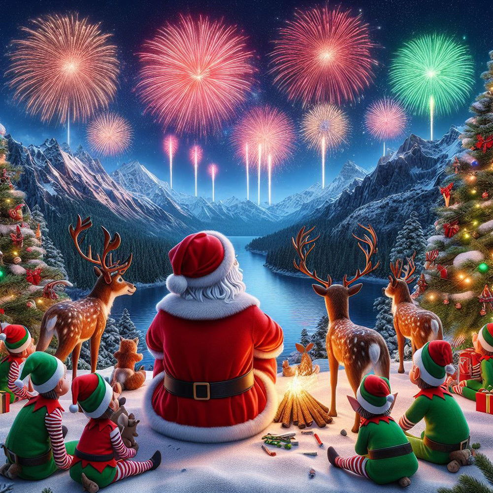 Santa Claus And Elk Watching Fireworks 40*40CM Full Round Drill Diamond Painting Drill Diamond Painting