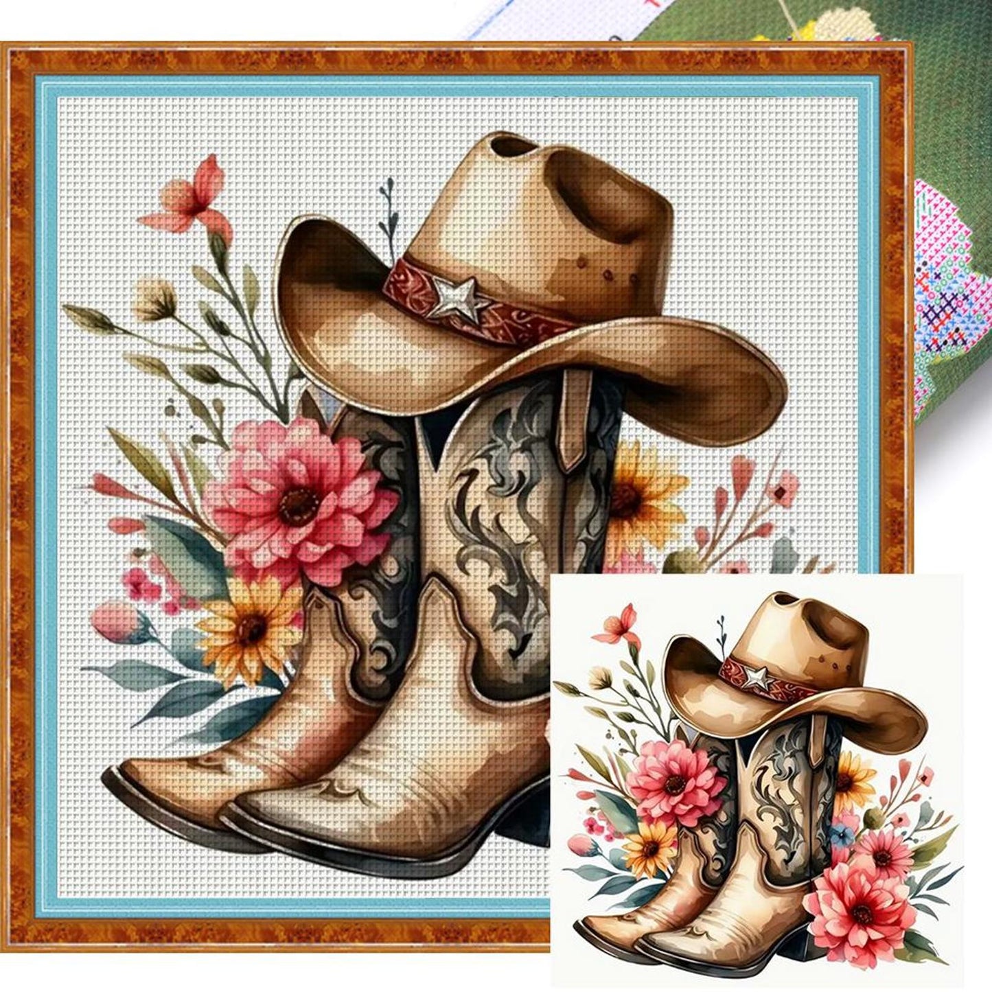 Flowers And Cowboy Hat - Full 11CT Stamped Cross Stitch 40x40CM - Diy