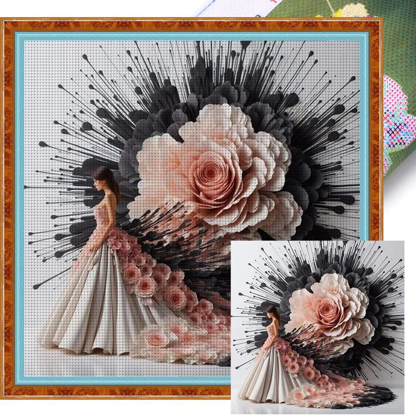 Flowers And Maiden - Full 11CT Stamped Cross Stitch 40x40CM - Huacan