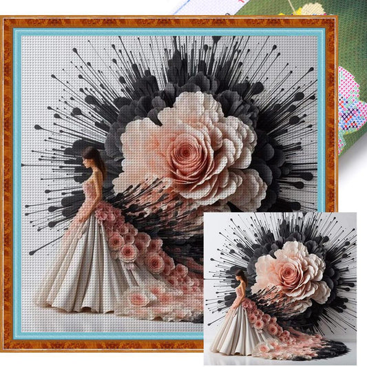 Flowers And Maiden - Full 11CT Stamped Cross Stitch 40x40CM - Huacan