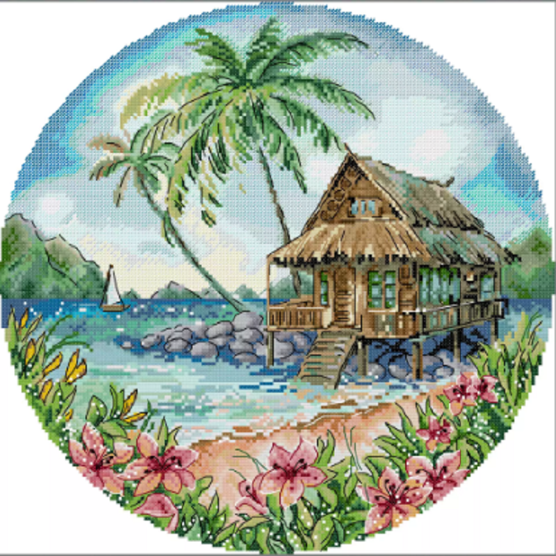 Island - Partial 14CT Stamped Cross Stitch 37x37CM - Joy Sunday Backstitch