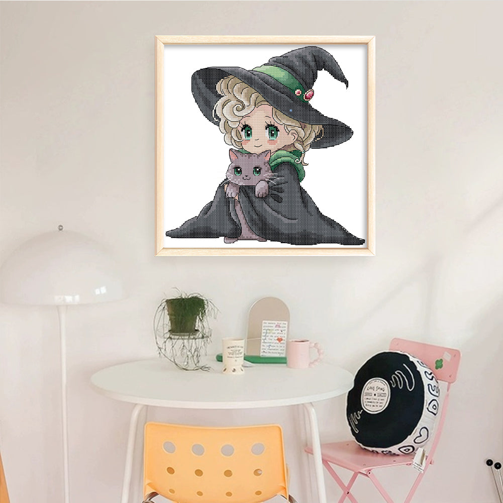 Little Witch And Cat - Partial 14CT Stamped Cross Stitch 29x29CM - Joy Sunday Backstitch