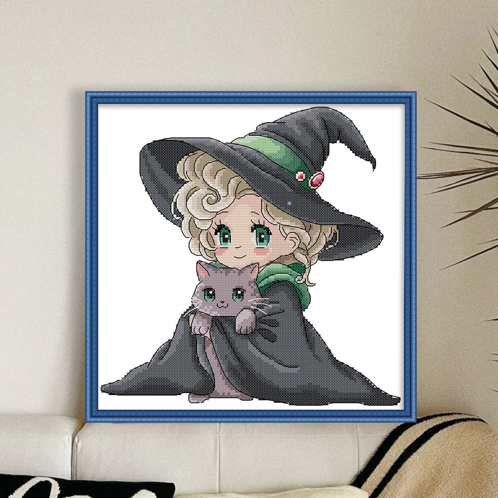 Little Witch And Cat - Partial 14CT Stamped Cross Stitch 29x29CM - Joy Sunday Backstitch