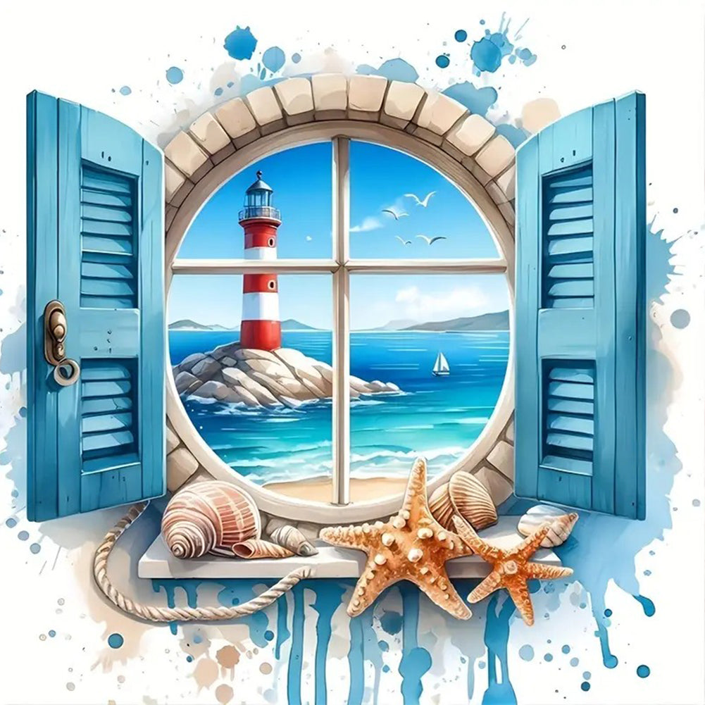 Lighthouse On The Sea Outside The Window 30*30CM(Canvas) Full Round Drill Diamond Painting