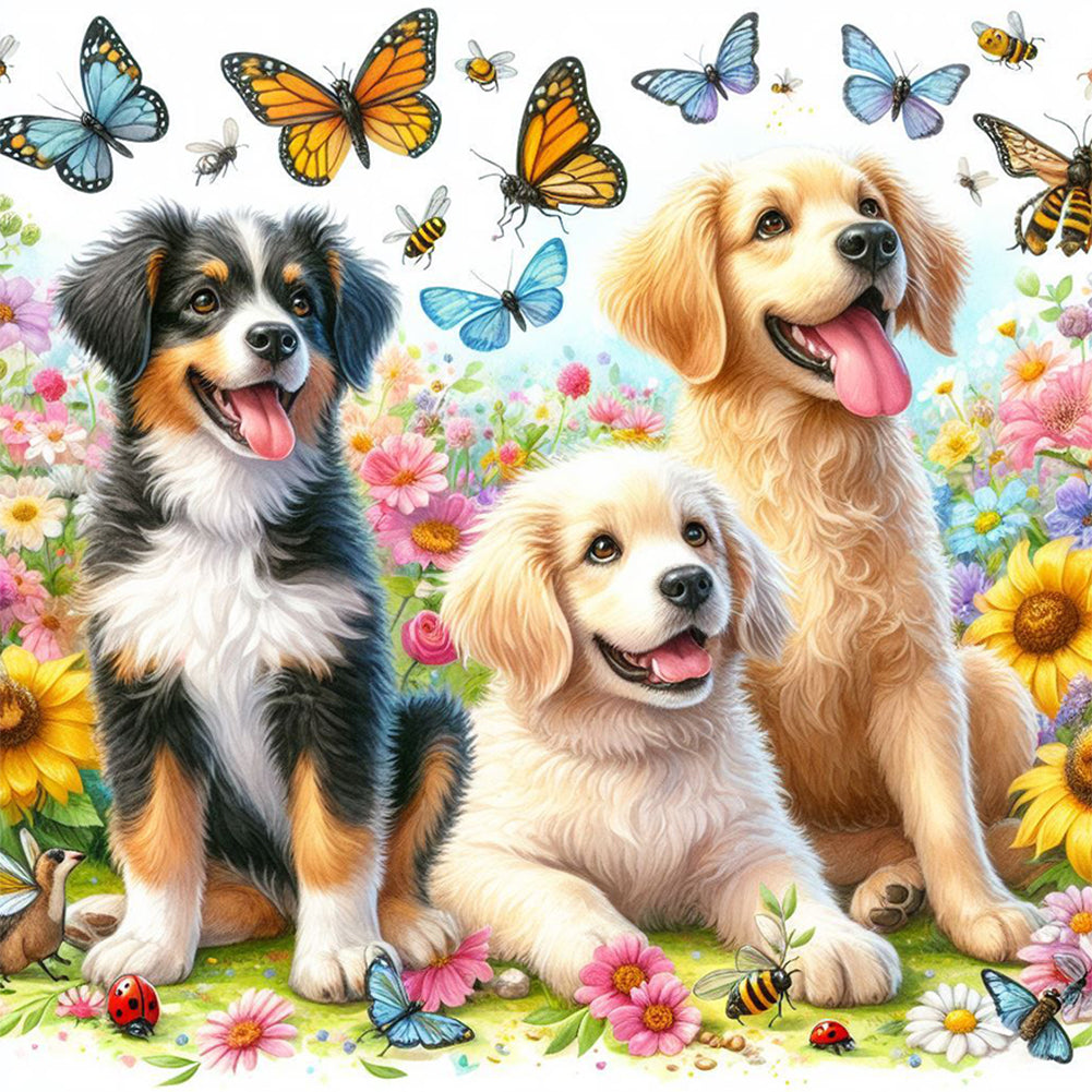 Butterfly Bouquet With Three Dogs 30*30CM(Canvas) Full Round Drill Diamond Painting