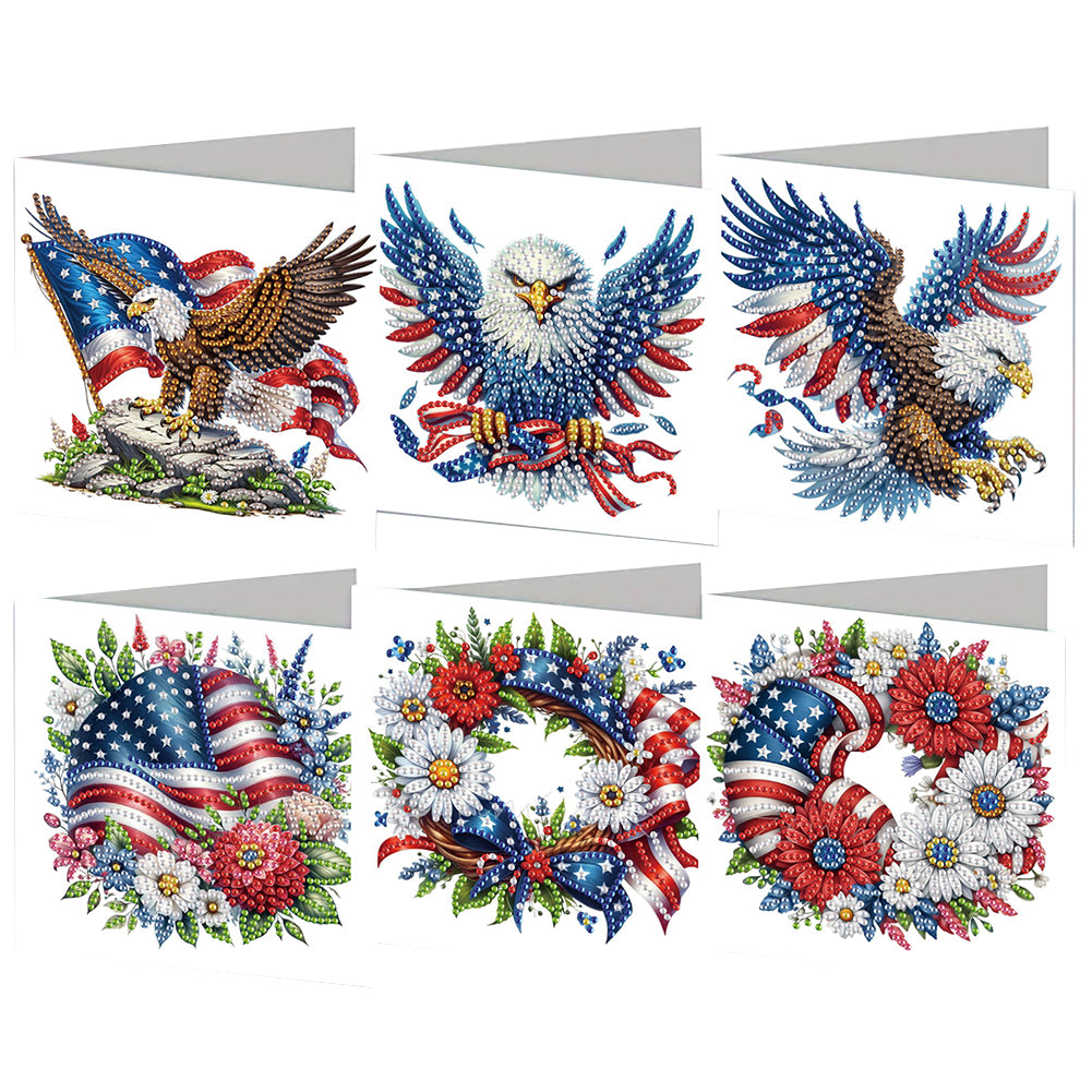 6PCS DIY US Flag Eagle Wreath Diamond Art Greeting Cards Congratulations Cards