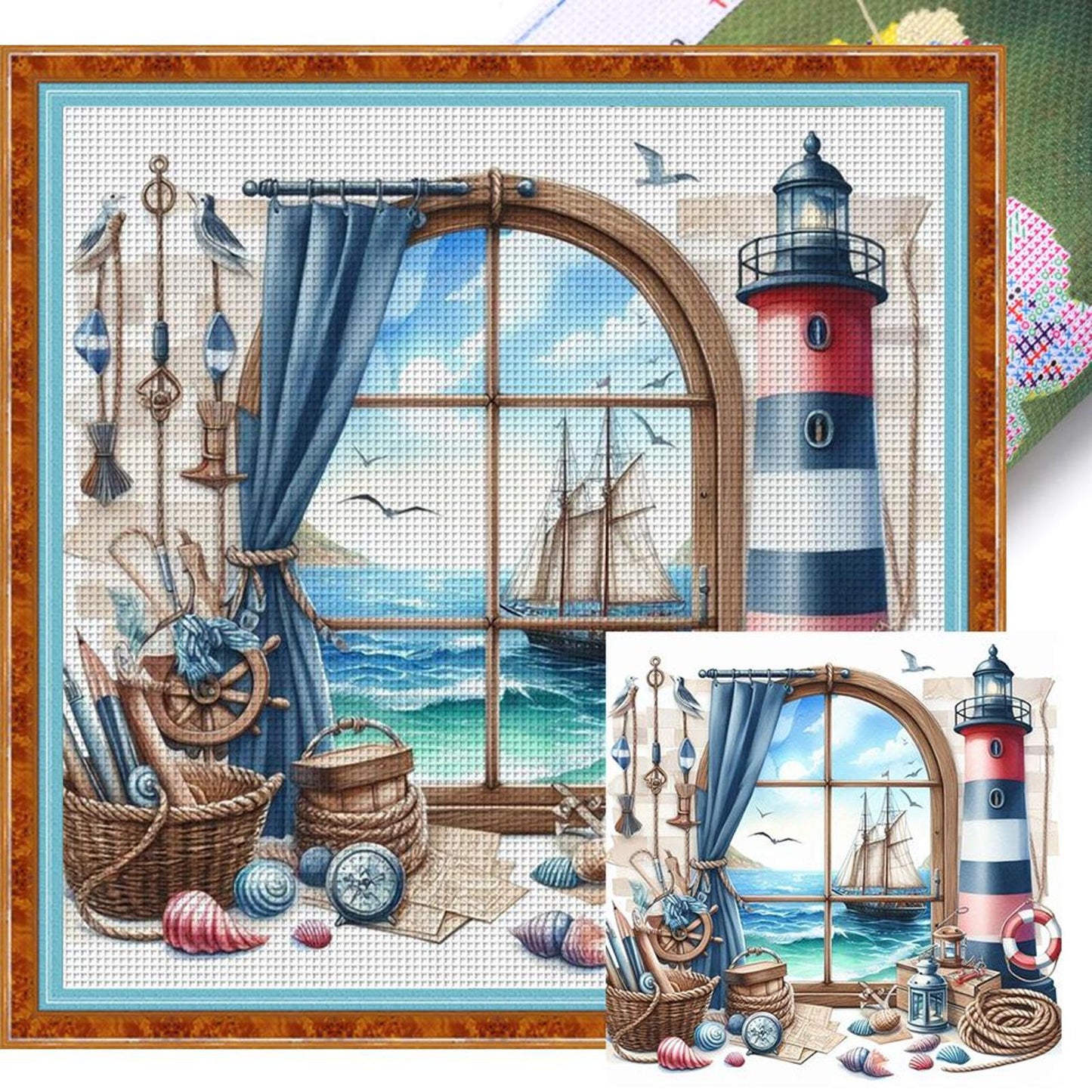 Window And Lighthouse - Full 11CT Stamped Cross Stitch 40x40CM - Yishu