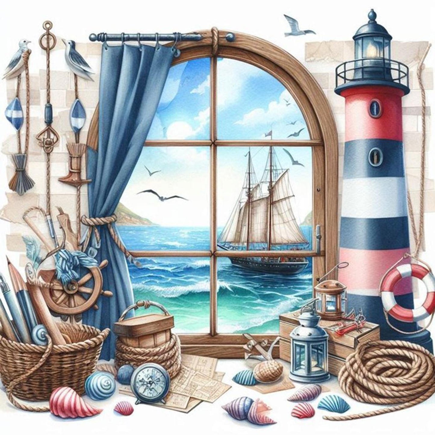 Window And Lighthouse - Full 11CT Stamped Cross Stitch 40x40CM - Yishu