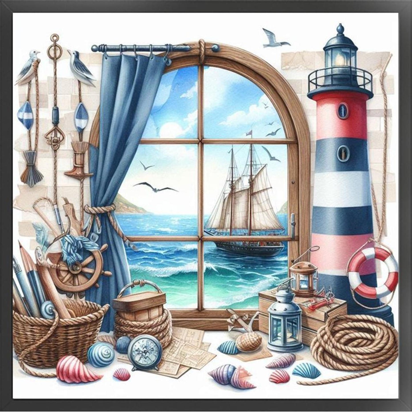 Window And Lighthouse - Full 11CT Stamped Cross Stitch 40x40CM - Yishu
