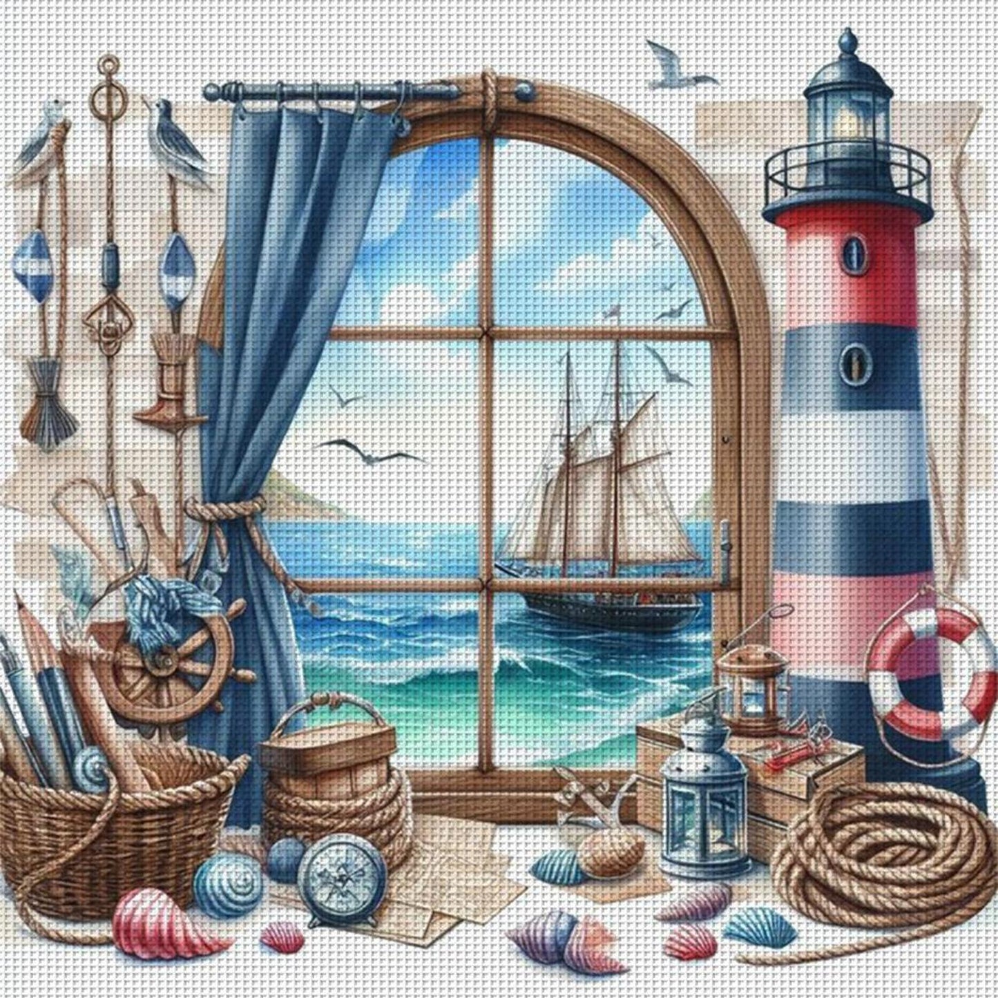 Window And Lighthouse - Full 11CT Stamped Cross Stitch 40x40CM - Yishu