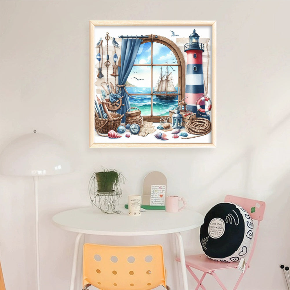 Window And Lighthouse - Full 11CT Stamped Cross Stitch 40x40CM - Yishu