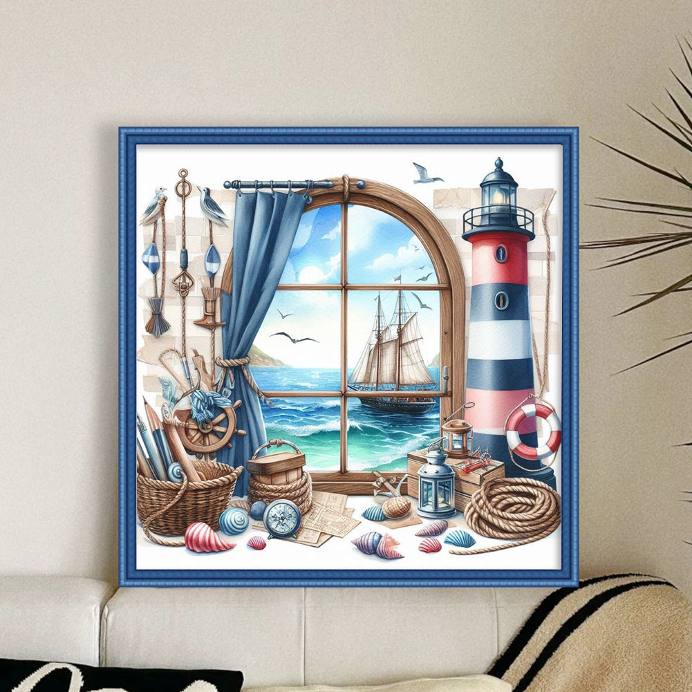 Window And Lighthouse - Full 11CT Stamped Cross Stitch 40x40CM - Yishu