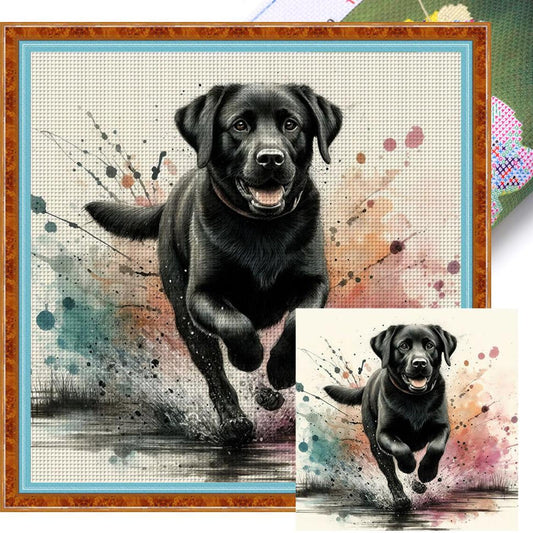 Running Black Dog - Full 11CT Stamped Cross Stitch 40x40CM - Yishu