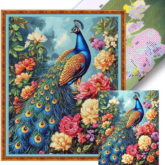 Peacock And Peony - Full 11CT Stamped Cross Stitch 40x50CM - Yishu