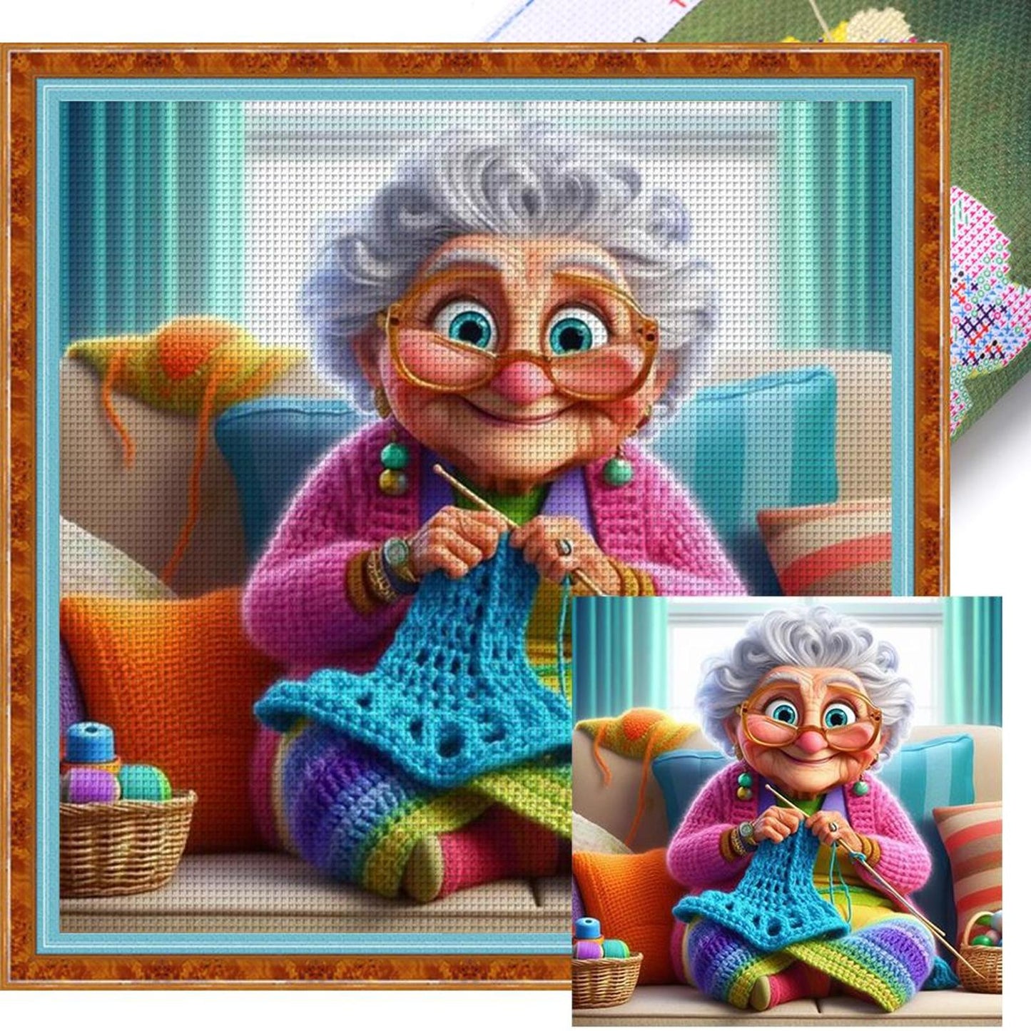 Grandma Knitting Sweater - Full 11CT Stamped Cross Stitch 50x50CM - Band