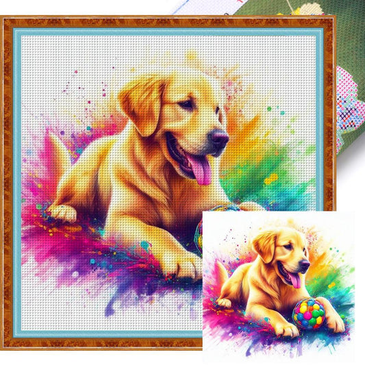 Golden Retriever Playing With Ball-Dog - Full 11CT Stamped Cross Stitch 40x40CM - Yishu