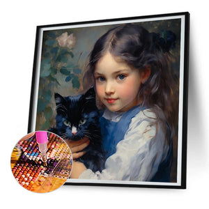 Oil Painting Girl Black Cat 30*30CM(Canvas) Full Round Drill Diamond Painting