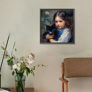 Oil Painting Girl Black Cat 30*30CM(Canvas) Full Round Drill Diamond Painting