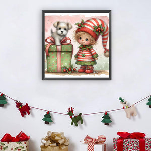 Christmas Girl And Dog 30*30CM(Canvas) Full Round Drill Diamond Painting