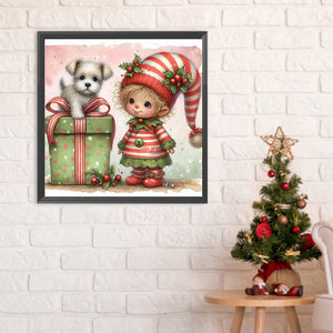 Christmas Girl And Dog 30*30CM(Canvas) Full Round Drill Diamond Painting