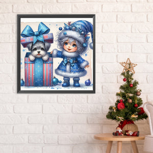 Christmas White-Haired Girl And Dog 30*30CM(Canvas) Full Round Drill Diamond Painting