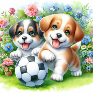 Two Dogs Playing Football In The Grass 30*30CM(Canvas) Full Round Drill Diamond Painting