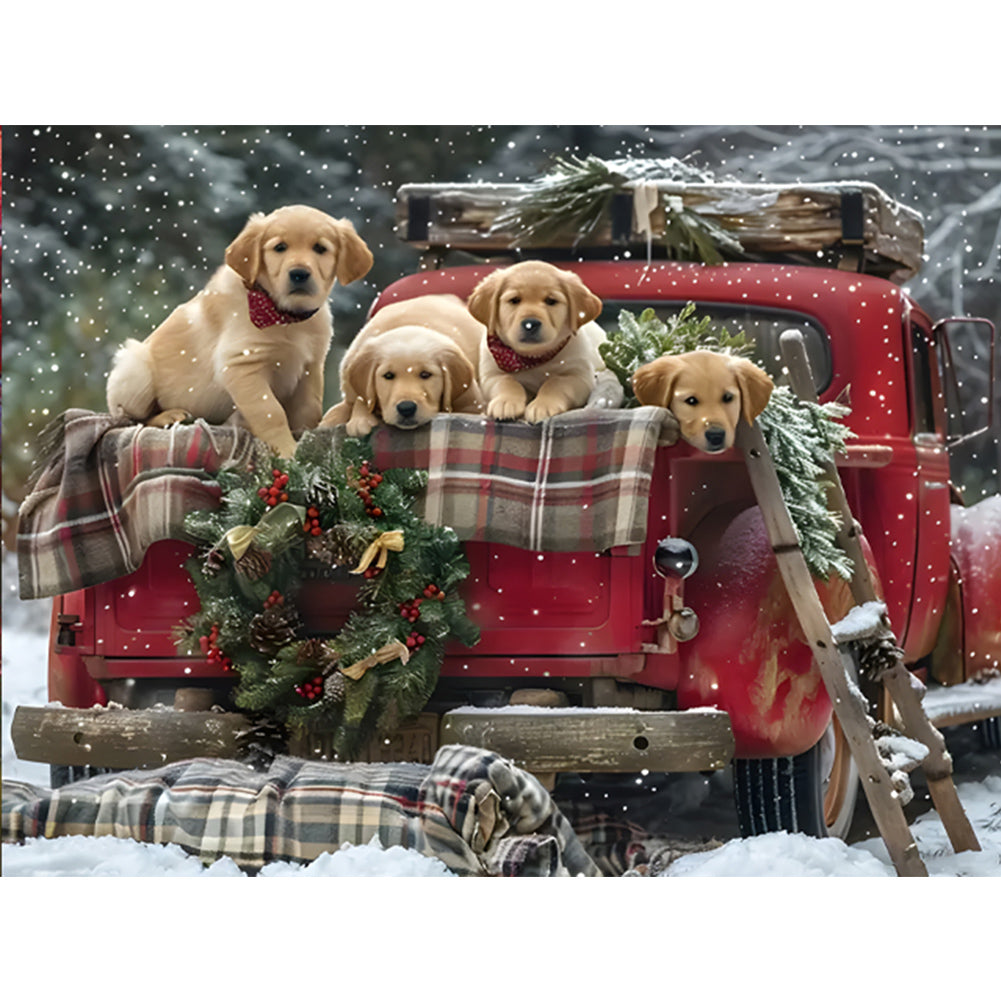Santa Claus Car And Puppy 40*30CM(Canvas) Full Round Drill Diamond Painting