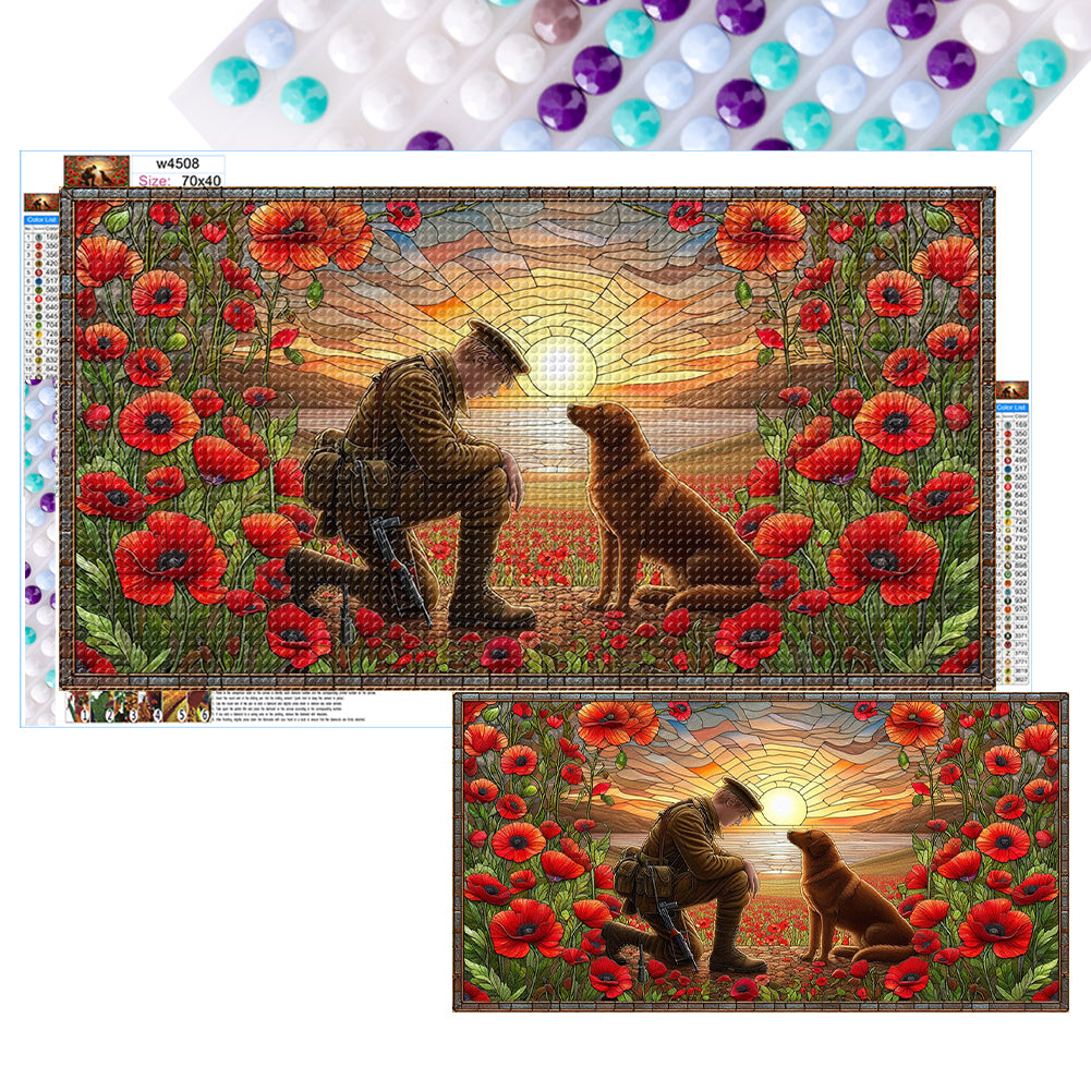 Glass Painting Of A Soldier And A War Dog, Golden Retriever 40*70CM(Canvas) Full Round Drill Diamond Painting